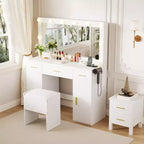 Coiffeuse GUSTOWAVE 45 avec grand miroir, table de maquillage blanche avec 3 tiroirs et 2 armoires, tabouret de rangement caché pour chambre à coucher