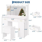 Coiffeuse GUSTOWAVE 45 avec grand miroir, table de maquillage blanche avec 3 tiroirs et 2 armoires, tabouret de rangement caché pour chambre à coucher