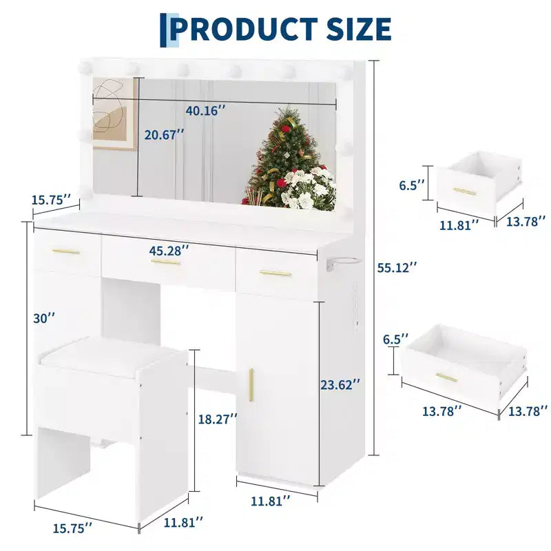 Coiffeuse GUSTOWAVE 45 avec grand miroir, table de maquillage blanche avec 3 tiroirs et 2 armoires, tabouret de rangement caché pour chambre à coucher
