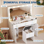 Coiffeuse GUSTOWAVE 45 avec grand miroir, table de maquillage blanche avec 3 tiroirs et 2 armoires, tabouret de rangement caché pour chambre à coucher