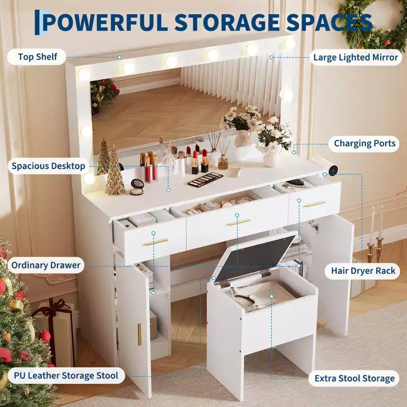 Coiffeuse GUSTOWAVE 45 avec grand miroir, table de maquillage blanche avec 3 tiroirs et 2 armoires, tabouret de rangement caché pour chambre à coucher