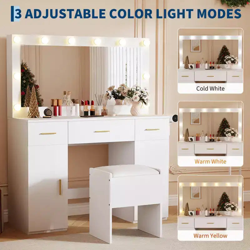 Coiffeuse GUSTOWAVE 45 avec grand miroir, table de maquillage blanche avec 3 tiroirs et 2 armoires, tabouret de rangement caché pour chambre à coucher