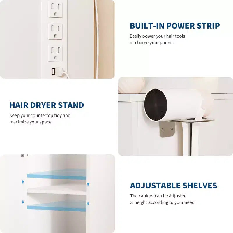 Coiffeuse GUSTOWAVE 45 avec grand miroir, table de maquillage blanche avec 3 tiroirs et 2 armoires, tabouret de rangement caché pour chambre à coucher