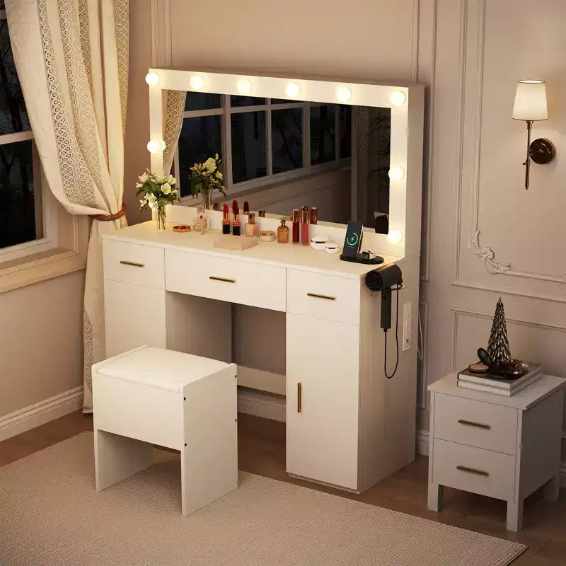 Coiffeuse GUSTOWAVE 45 avec grand miroir, table de maquillage blanche avec 3 tiroirs et 2 armoires, tabouret de rangement caché pour chambre à coucher