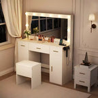 Coiffeuse GUSTOWAVE 45 avec grand miroir, table de maquillage blanche avec 3 tiroirs et 2 armoires, tabouret de rangement caché pour chambre à coucher