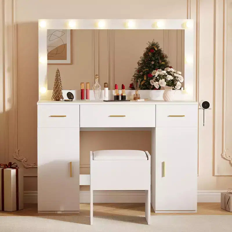 Coiffeuse GUSTOWAVE 45 avec grand miroir, table de maquillage blanche avec 3 tiroirs et 2 armoires, tabouret de rangement caché pour chambre à coucher