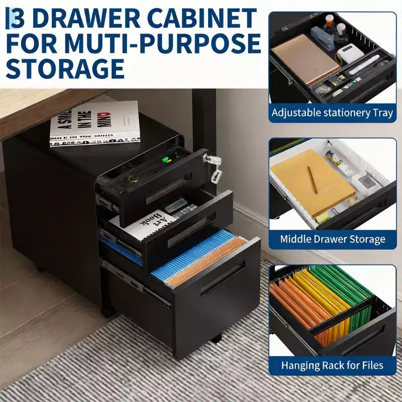Classeur métallique à 3 tiroirs avec serrure, organisateur de rangement sous le bureau, rangement mobile sous le bureau sur 5 roulettes, pour la maison et le bureau