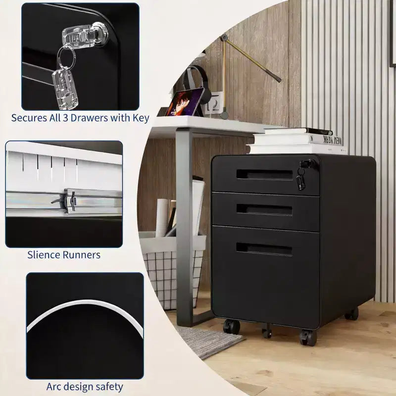 Classeur métallique à 3 tiroirs avec serrure, organisateur de rangement sous le bureau, rangement mobile sous le bureau sur 5 roulettes, pour la maison et le bureau