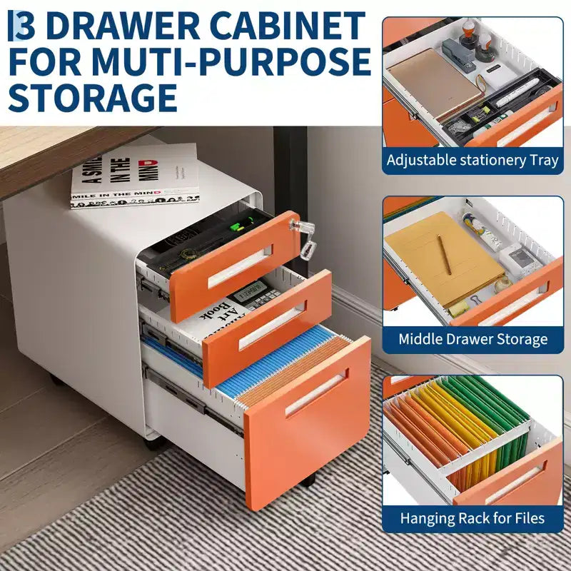 Classeur métallique à 3 tiroirs avec serrure, organisateur de rangement sous le bureau, rangement mobile sous le bureau sur 5 roulettes, pour la maison et le bureau