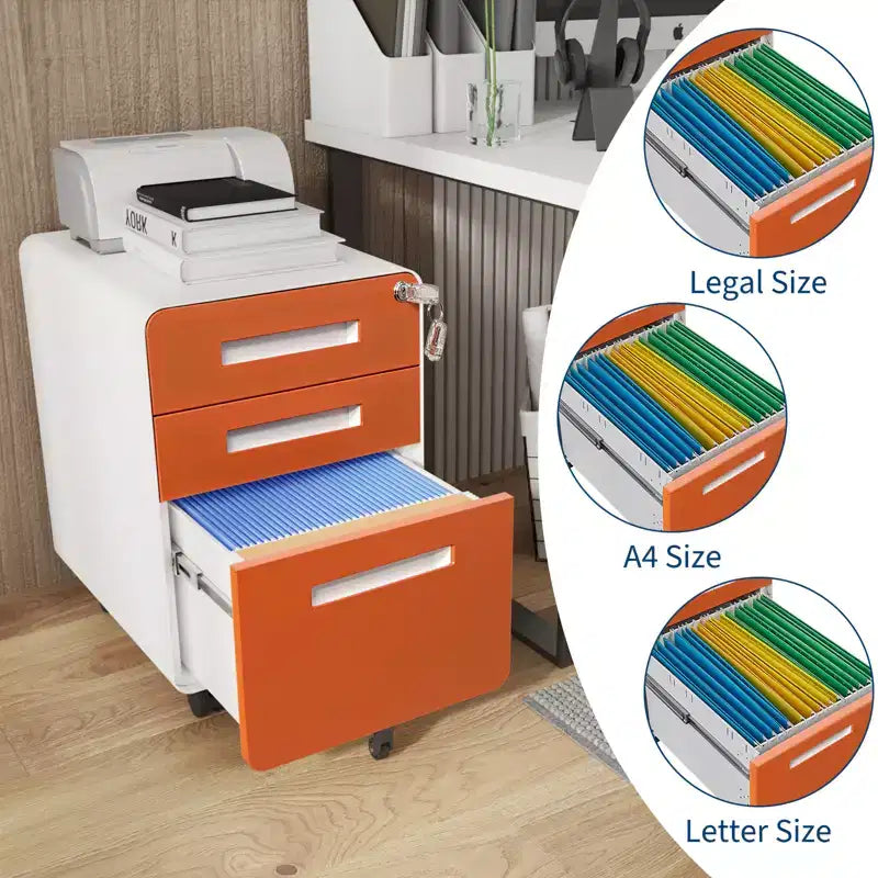 Classeur métallique à 3 tiroirs avec serrure, organisateur de rangement sous le bureau, rangement mobile sous le bureau sur 5 roulettes, pour la maison et le bureau