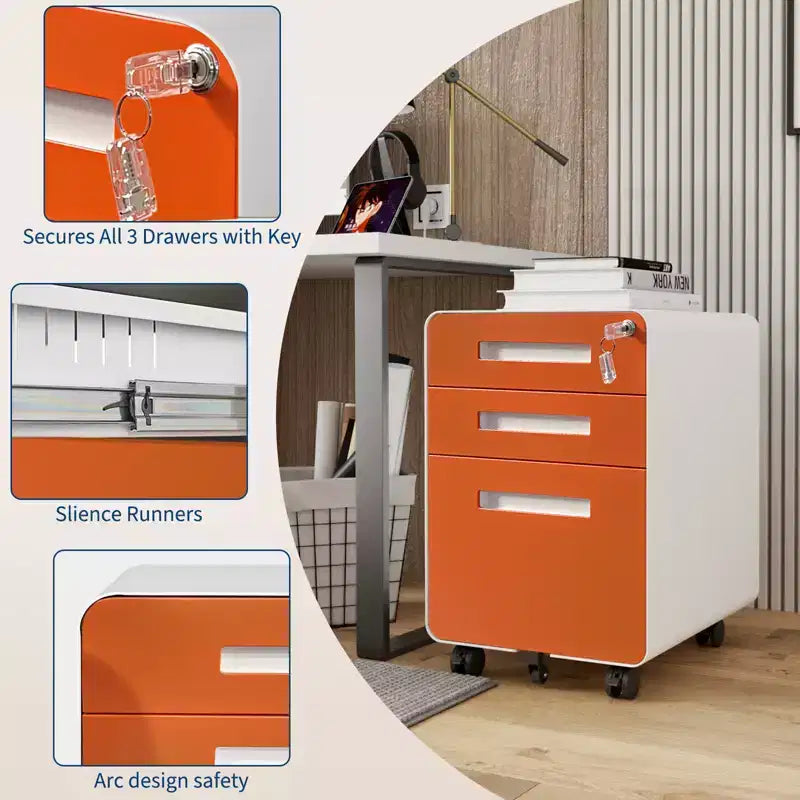 Classeur métallique à 3 tiroirs avec serrure, organisateur de rangement sous le bureau, rangement mobile sous le bureau sur 5 roulettes, pour la maison et le bureau
