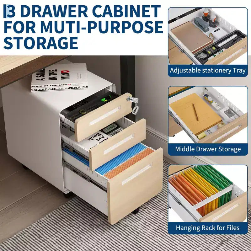 Classeur métallique à 3 tiroirs avec serrure, organisateur de rangement sous le bureau, rangement mobile sous le bureau sur 5 roulettes, pour la maison et le bureau