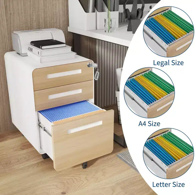 Classeur métallique à 3 tiroirs avec serrure, organisateur de rangement sous le bureau, rangement mobile sous le bureau sur 5 roulettes, pour la maison et le bureau