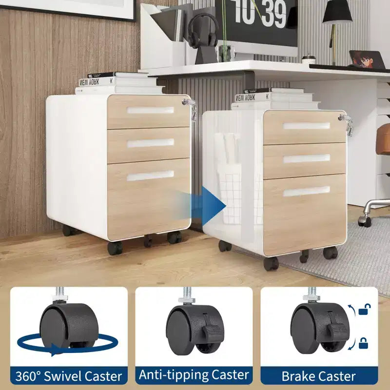 Classeur métallique à 3 tiroirs avec serrure, organisateur de rangement sous le bureau, rangement mobile sous le bureau sur 5 roulettes, pour la maison et le bureau