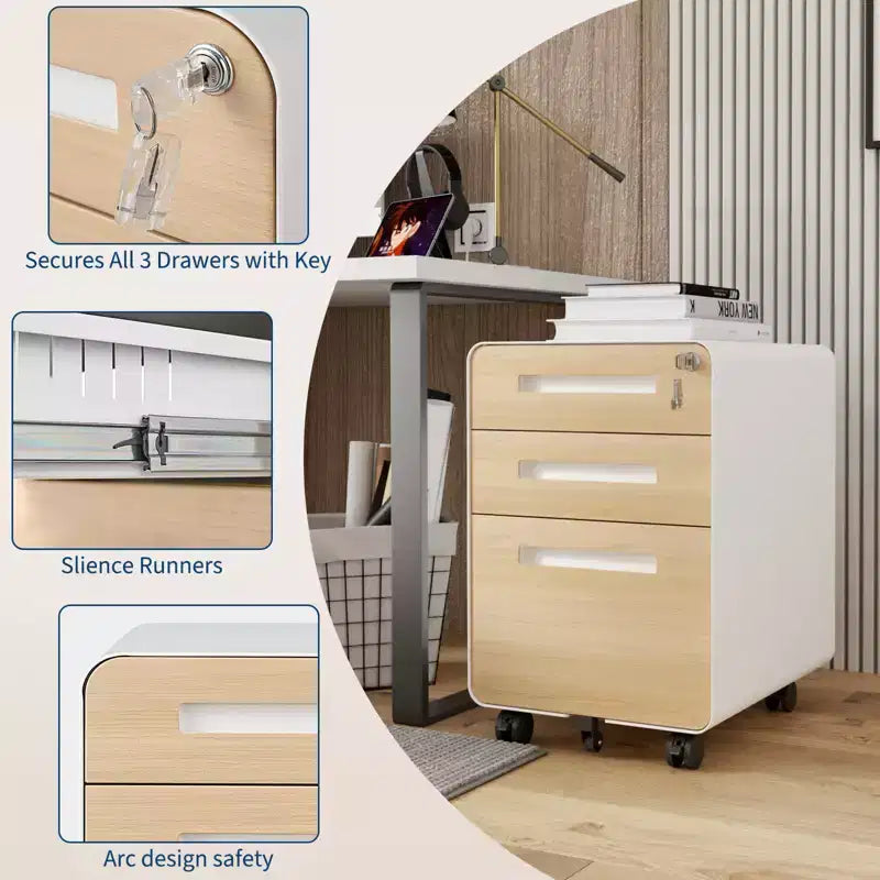 Classeur métallique à 3 tiroirs avec serrure, organisateur de rangement sous le bureau, rangement mobile sous le bureau sur 5 roulettes, pour la maison et le bureau