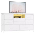 8-Drawer Dresser TV Stand with Power Outlets & RGB LED Lighting, White Leather, Wood Top, Fits 55 TV, Deep Fabric Drawers, for Bedroom/Living Room