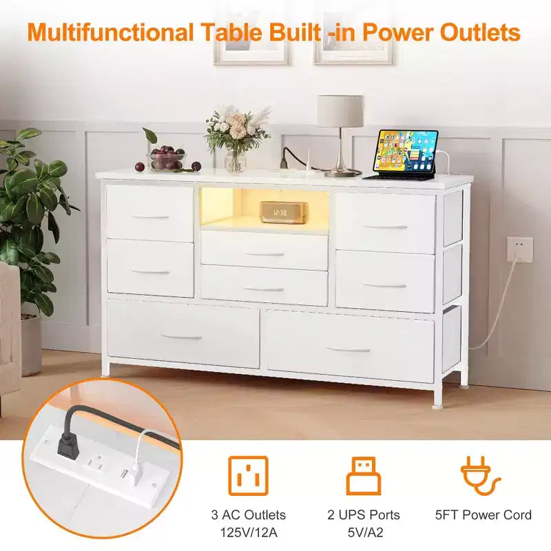 Commode à 8 tiroirs Meuble TV avec prises électriques et éclairage LED RVB, cuir blanc, plateau en bois, convient aux téléviseurs de 55 pouces, tiroirs profonds en tissu, pour chambre/salon