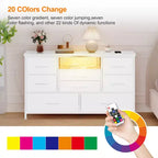 Commode à 8 tiroirs Meuble TV avec prises électriques et éclairage LED RVB, cuir blanc, plateau en bois, convient aux téléviseurs de 55 pouces, tiroirs profonds en tissu, pour chambre/salon