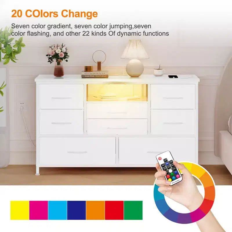 Commode à 8 tiroirs Meuble TV avec prises électriques et éclairage LED RVB, cuir blanc, plateau en bois, convient aux téléviseurs de 55 pouces, tiroirs profonds en tissu, pour chambre/salon