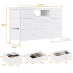 Commode à 8 tiroirs Meuble TV avec prises électriques et éclairage LED RVB, cuir blanc, plateau en bois, convient aux téléviseurs de 55 pouces, tiroirs profonds en tissu, pour chambre/salon