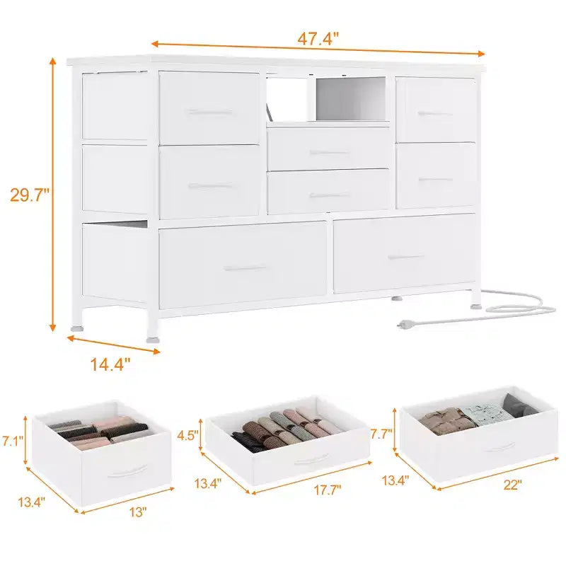 Commode à 8 tiroirs Meuble TV avec prises électriques et éclairage LED RVB, cuir blanc, plateau en bois, convient aux téléviseurs de 55 pouces, tiroirs profonds en tissu, pour chambre/salon