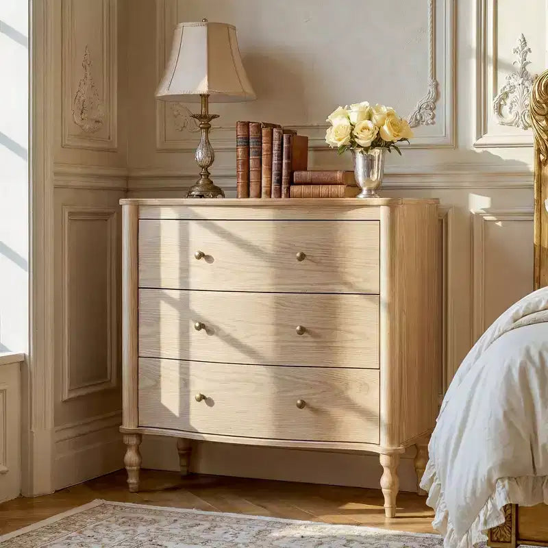 Homsee Table de Chevet en Bois, Commode à 3 Tiroirs, Commode Moderne à Façade Courbe avec Pieds Tournés Vintage