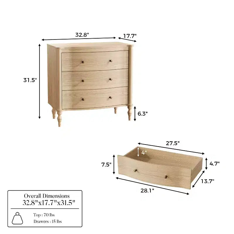 Homsee Table de Chevet en Bois, Commode à 3 Tiroirs, Commode Moderne à Façade Courbe avec Pieds Tournés Vintage