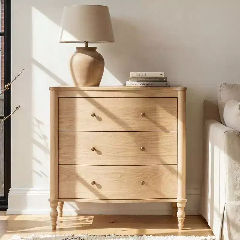 Homsee Table de Chevet en Bois, Commode à 3 Tiroirs, Commode Moderne à Façade Courbe avec Pieds Tournés Vintage