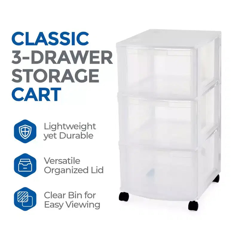 Chariot de rangement classique Gracious Living à 3 tiroirs en plastique avec roulettes