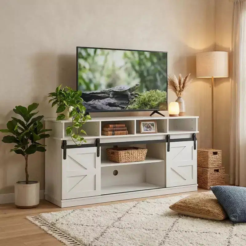 FurnitureR 58 Farmhouse TV Stand for TVs up to 65, Sliding Barn Doors, Storage Cabinet with Shelves, Modern Entertainment Center