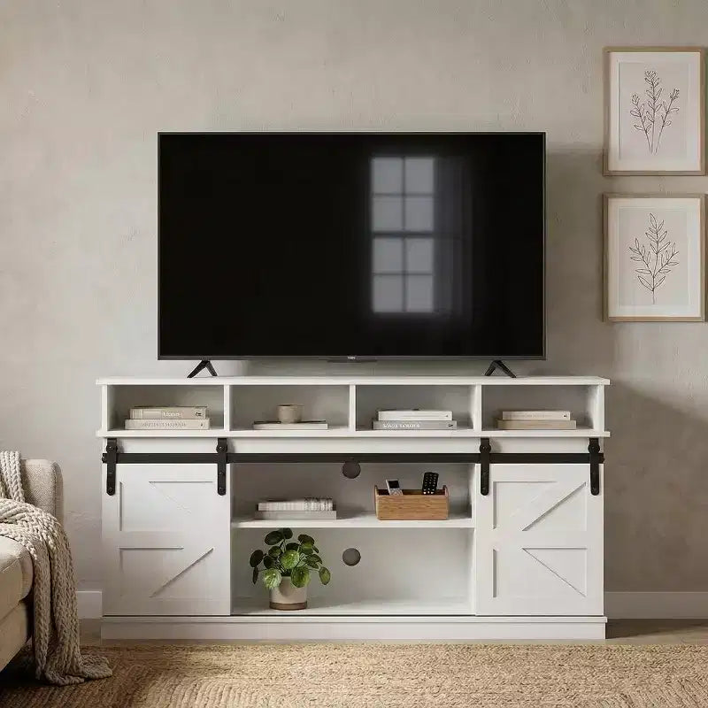 Meuble TV de ferme FurnitureR de 58 po pour téléviseurs jusqu'à 65 po, portes coulissantes de grange, armoire de rangement avec étagères, centre de divertissement moderne