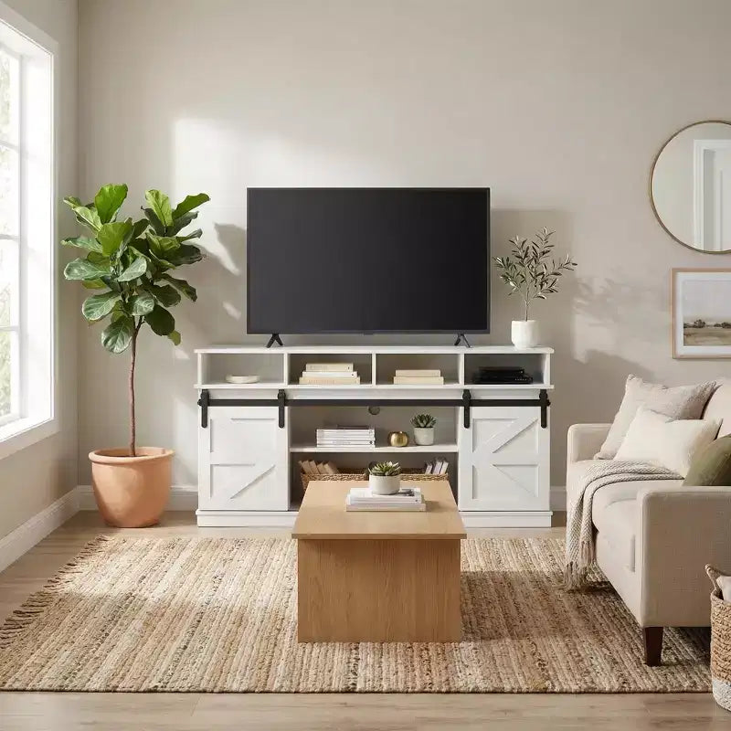 Meuble TV de ferme FurnitureR de 58 po pour téléviseurs jusqu'à 65 po, portes coulissantes de grange, armoire de rangement avec étagères, centre de divertissement moderne