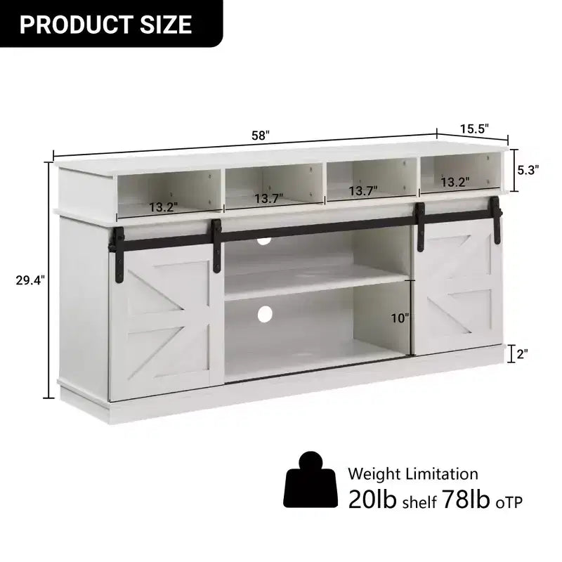 Meuble TV de ferme FurnitureR de 58 po pour téléviseurs jusqu'à 65 po, portes coulissantes de grange, armoire de rangement avec étagères, centre de divertissement moderne