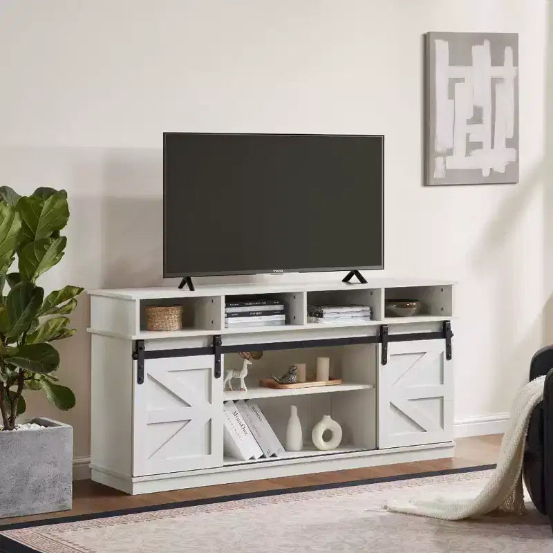 Meuble TV de ferme FurnitureR de 58 po pour téléviseurs jusqu'à 65 po, portes coulissantes de grange, armoire de rangement avec étagères, centre de divertissement moderne