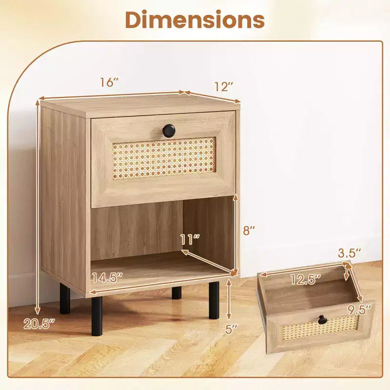 Costway Table de Chevet 1/2 Pcs en Rotin Style Bohème avec Tiroir et Étagère Ouverte pour Salon Blanc/Naturel