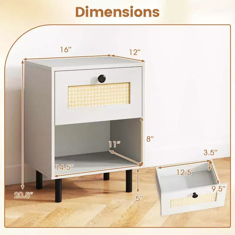 Costway Table de Chevet 1/2 Pcs en Rotin Style Bohème avec Tiroir et Étagère Ouverte pour Salon Blanc/Naturel