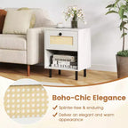 Costway Table de Chevet 1/2 Pcs en Rotin Style Bohème avec Tiroir et Étagère Ouverte pour Salon Blanc/Naturel