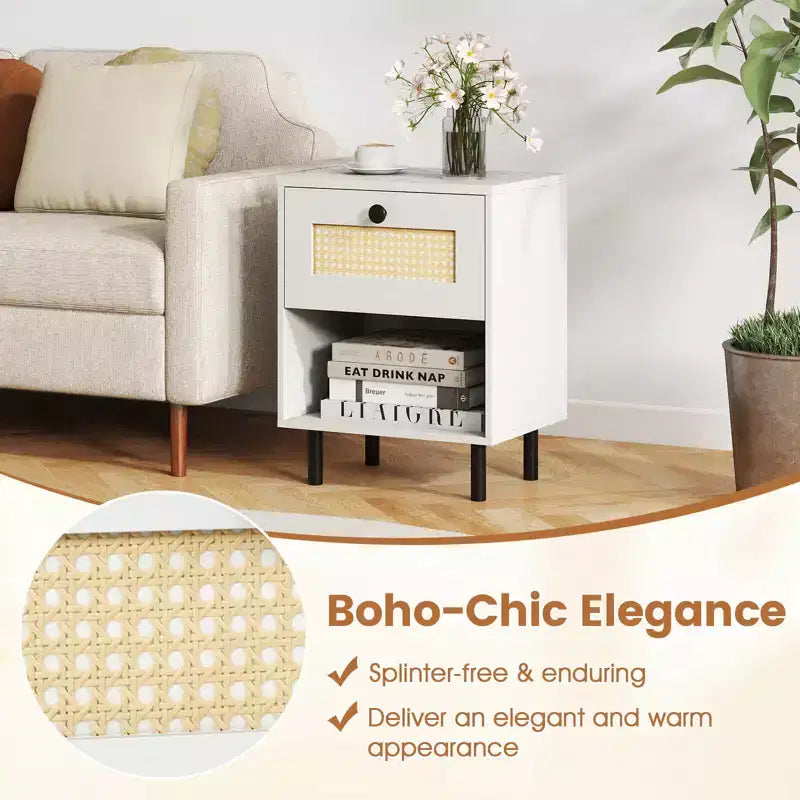 Costway Table de Chevet 1/2 Pcs en Rotin Style Bohème avec Tiroir et Étagère Ouverte pour Salon Blanc/Naturel