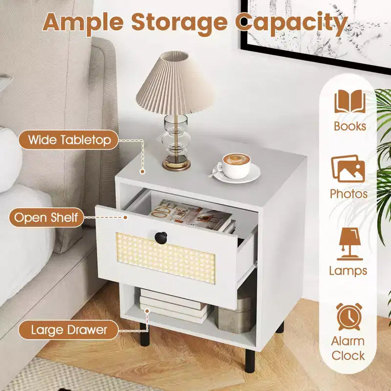 Costway Table de Chevet 1/2 Pcs en Rotin Style Bohème avec Tiroir et Étagère Ouverte pour Salon Blanc/Naturel