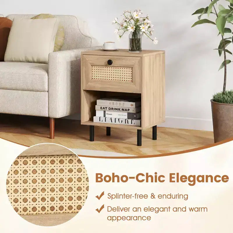 Costway Table de Chevet 1/2 Pcs en Rotin Style Bohème avec Tiroir et Étagère Ouverte pour Salon Blanc/Naturel