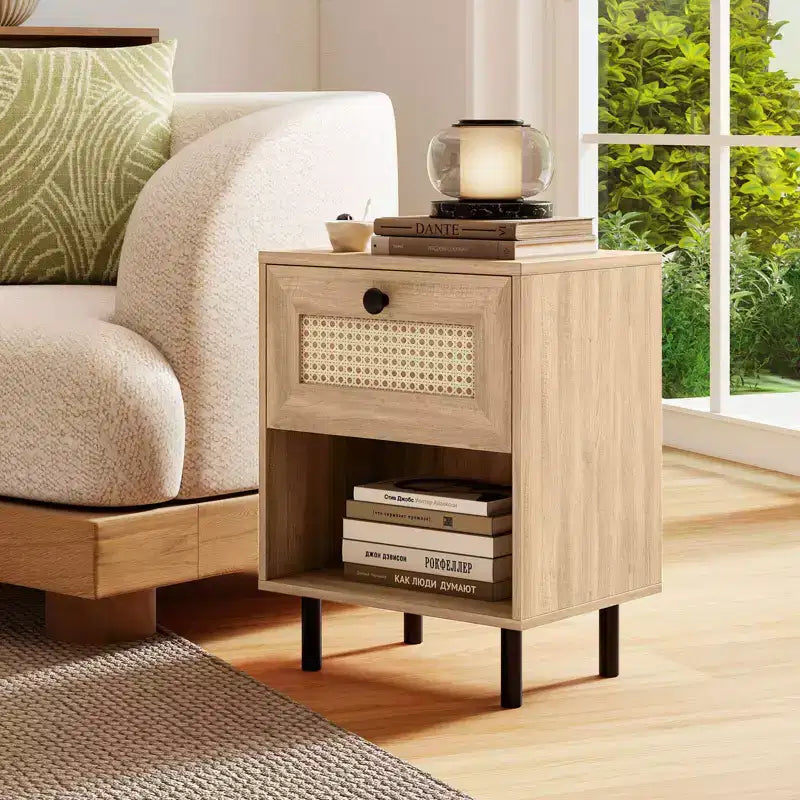 Costway Table de Chevet 1/2 Pcs en Rotin Style Bohème avec Tiroir et Étagère Ouverte pour Salon Blanc/Naturel
