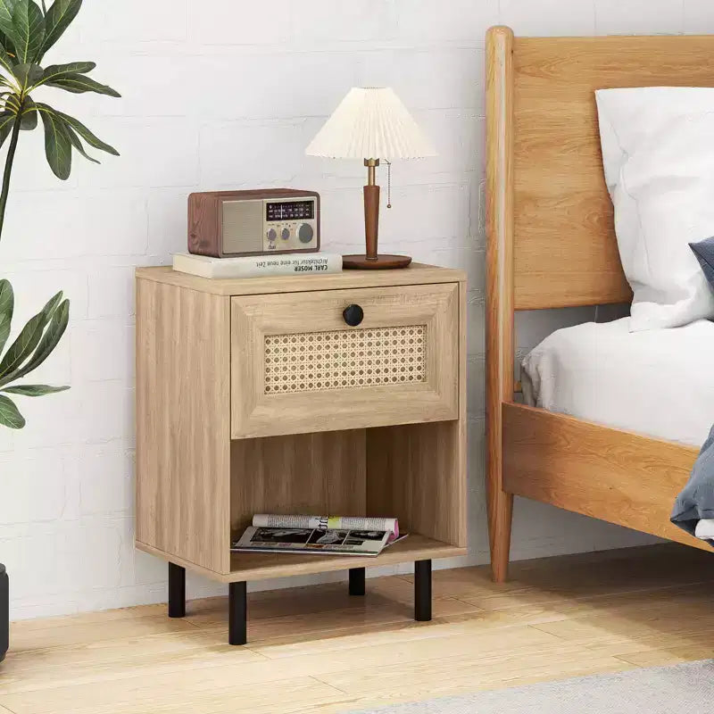 Costway Table de Chevet 1/2 Pcs en Rotin Style Bohème avec Tiroir et Étagère Ouverte pour Salon Blanc/Naturel