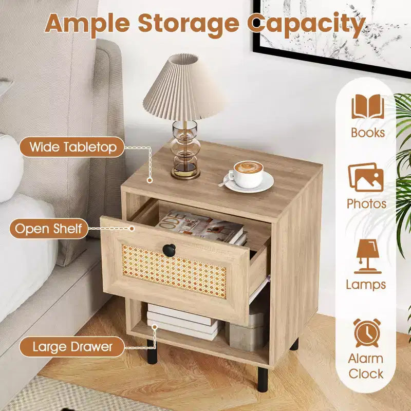 Costway Table de Chevet 1/2 Pcs en Rotin Style Bohème avec Tiroir et Étagère Ouverte pour Salon Blanc/Naturel
