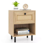 Costway 1/2 PCS Rattan Nightstand Boho End Table with Drawer & Open Shelf for Living Room White/Natural