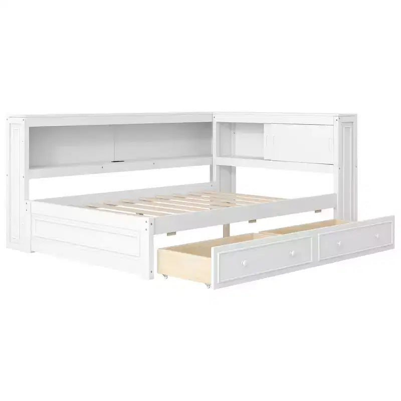 Lit d'angle pleine grandeur avec tiroirs de rangement, bibliothèque, cadre de lit de repos en bois en forme de L avec tête de lit bibliothèque pour salon