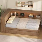 Lit d'angle pleine grandeur avec tiroirs de rangement, bibliothèque, cadre de lit de repos en bois en forme de L avec tête de lit bibliothèque pour salon