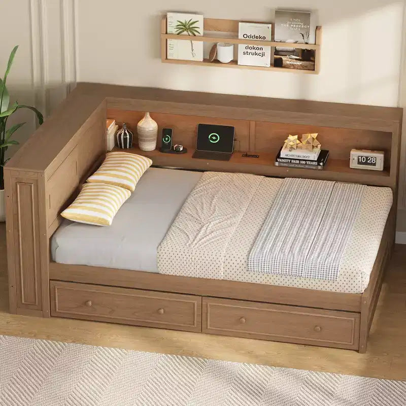 Lit d'angle pleine grandeur avec tiroirs de rangement, bibliothèque, cadre de lit de repos en bois en forme de L avec tête de lit bibliothèque pour salon