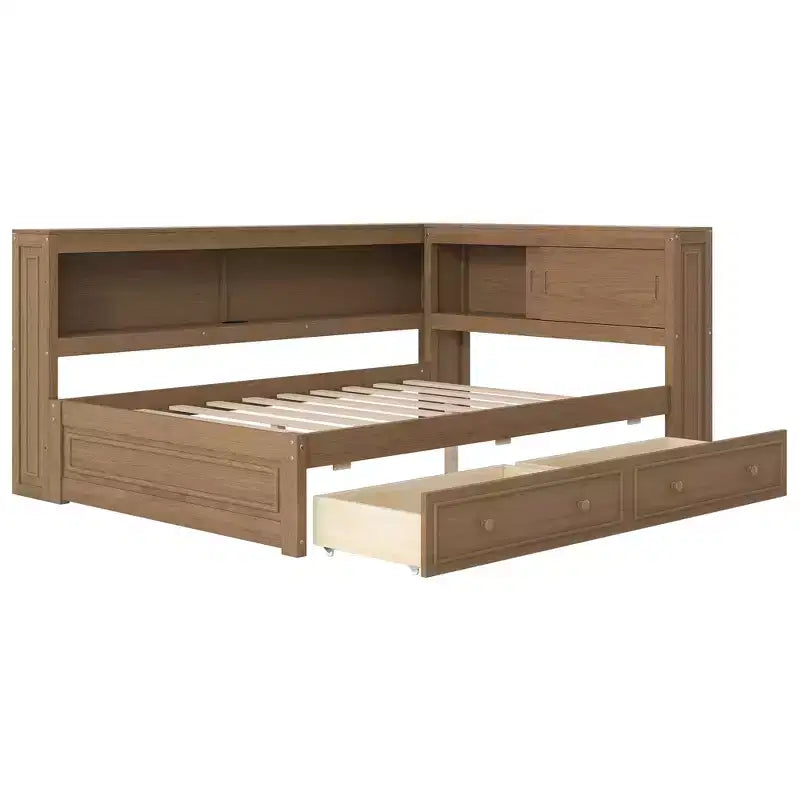 Lit d'angle pleine grandeur avec tiroirs de rangement, bibliothèque, cadre de lit de repos en bois en forme de L avec tête de lit bibliothèque pour salon