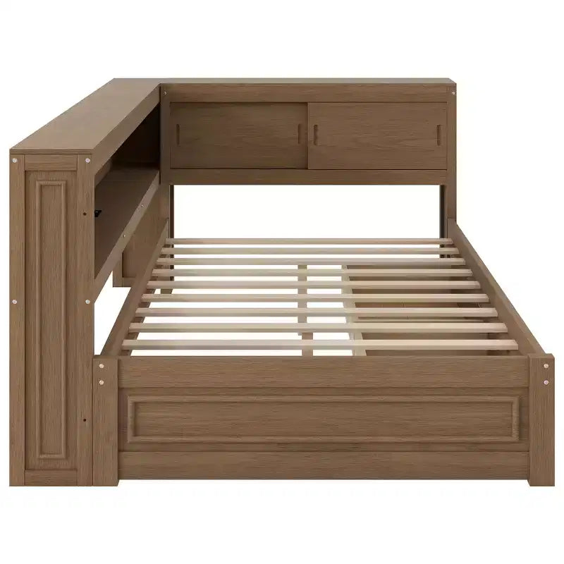Lit d'angle pleine grandeur avec tiroirs de rangement, bibliothèque, cadre de lit de repos en bois en forme de L avec tête de lit bibliothèque pour salon