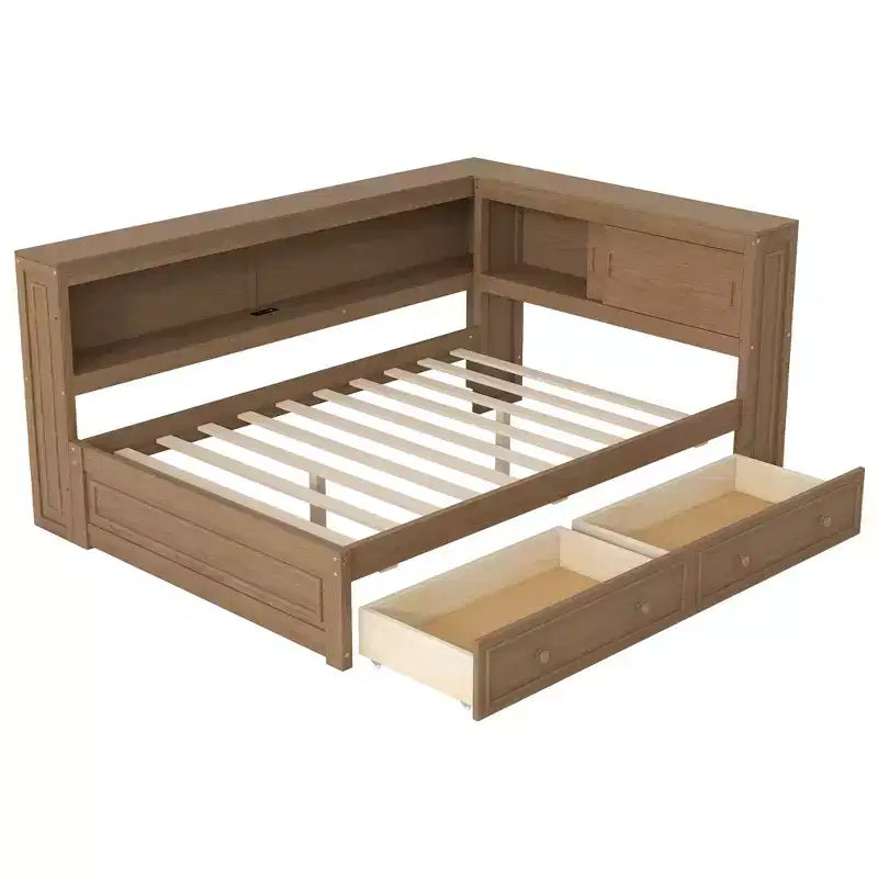 Lit d'angle pleine grandeur avec tiroirs de rangement, bibliothèque, cadre de lit de repos en bois en forme de L avec tête de lit bibliothèque pour salon